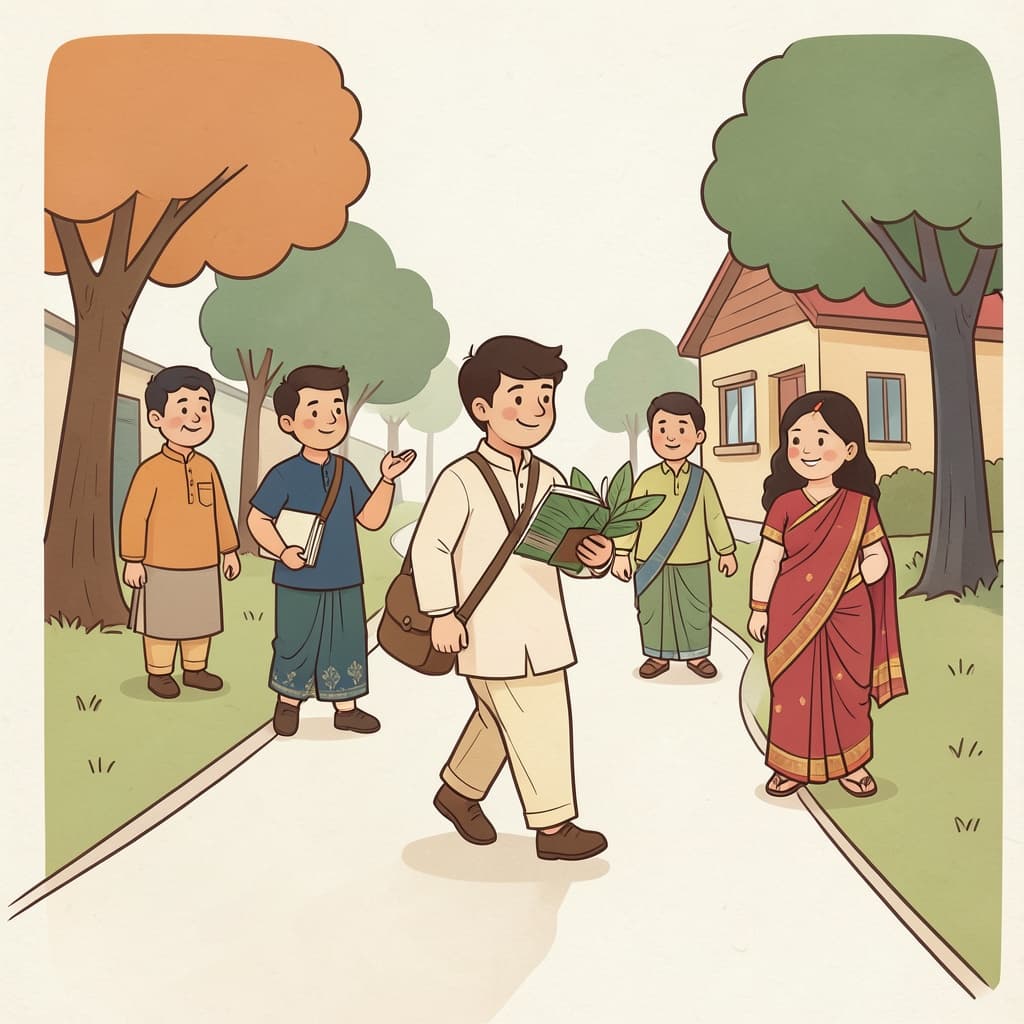 A student with a cloth satchel and a palm-leaf book walking to school along a path.