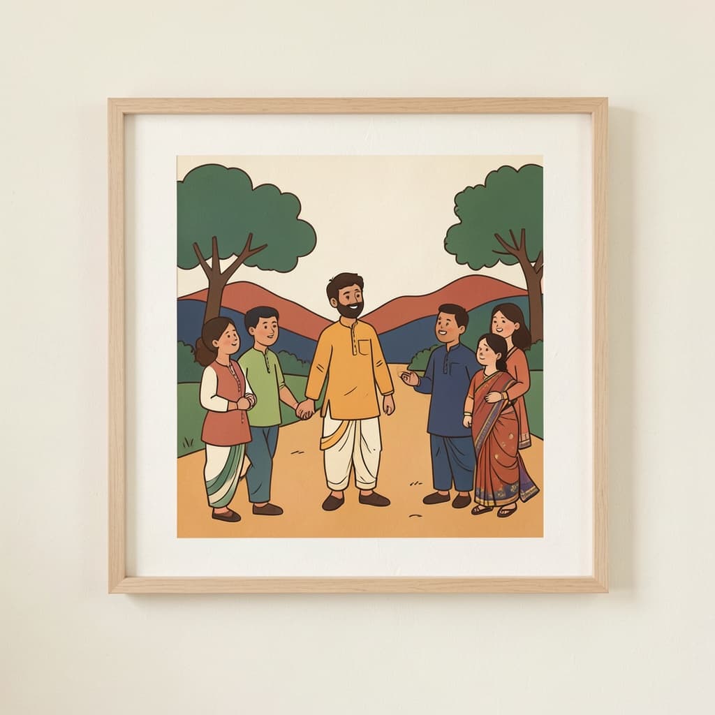 A framed painting of a landscape hanging on a wall.