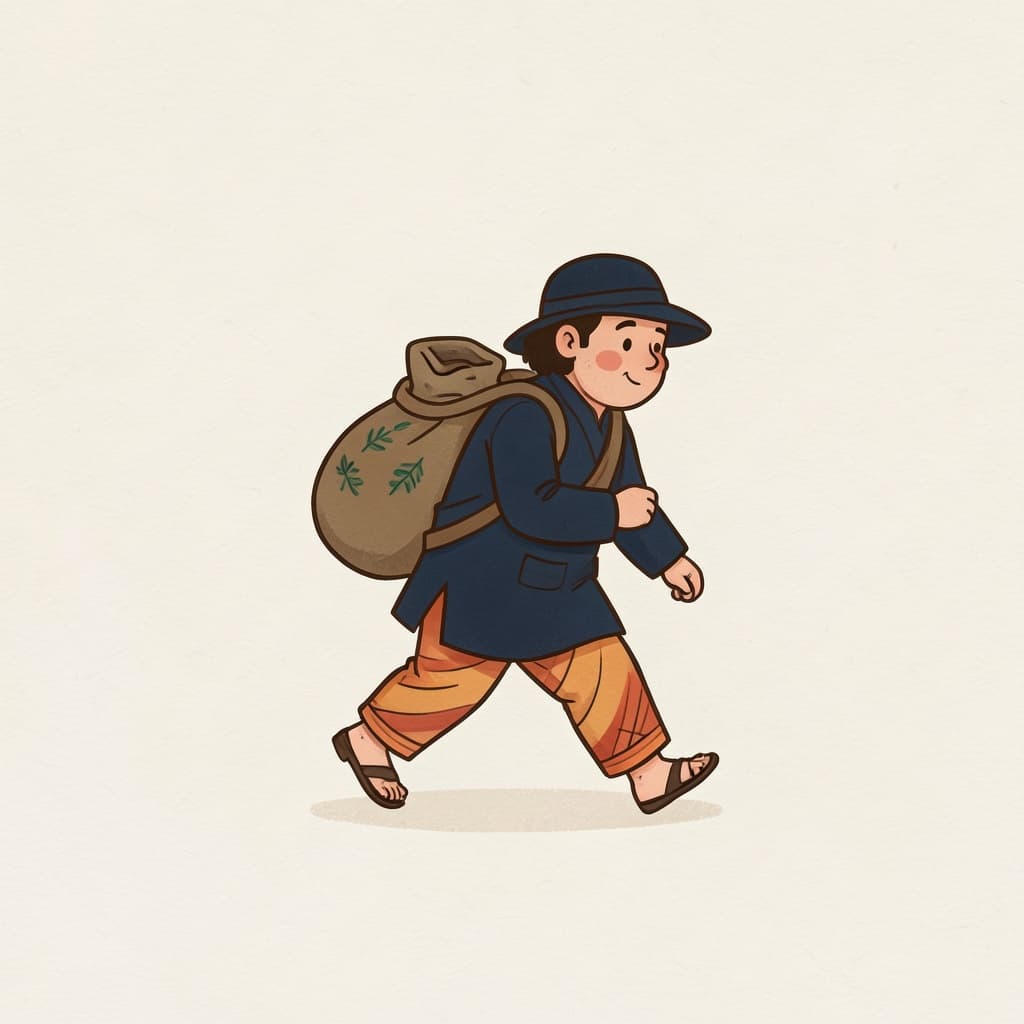 A sneaky thief in dark clothes tiptoeing at night with a sack on his back, comic and child friendly.
