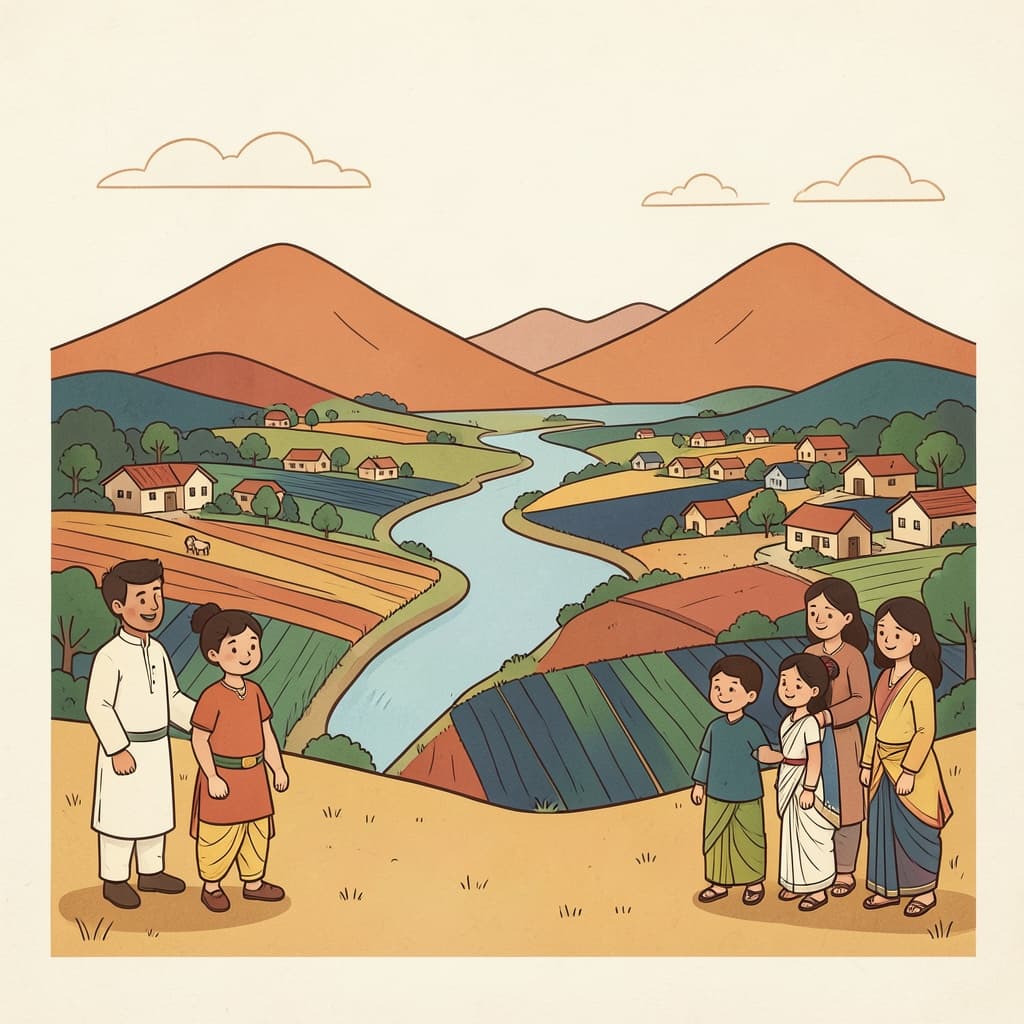 A wide landscape of a country with mountains, a river, fields and villages.