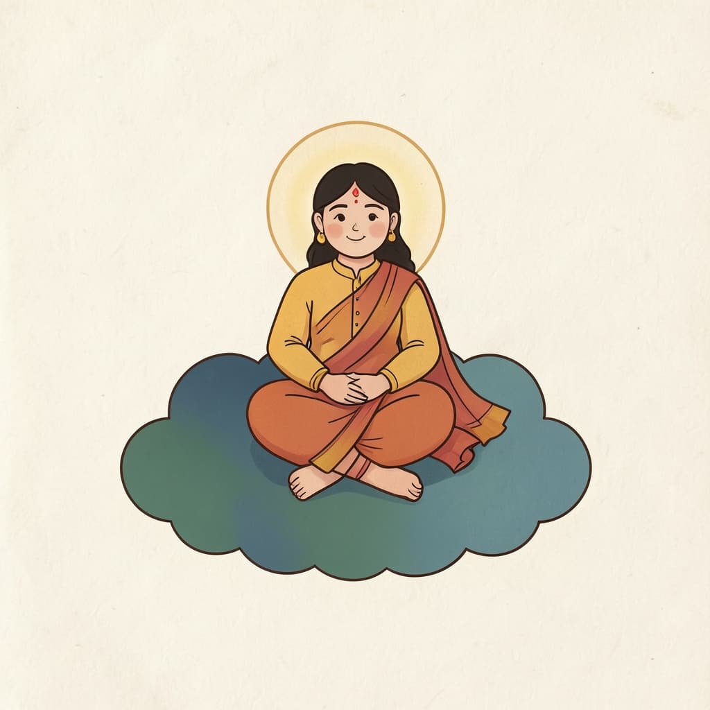 देव (देवता · god): A serene celestial being with a soft golden halo seated on clouds.