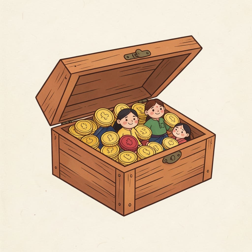 An open wooden chest full of gold coins.