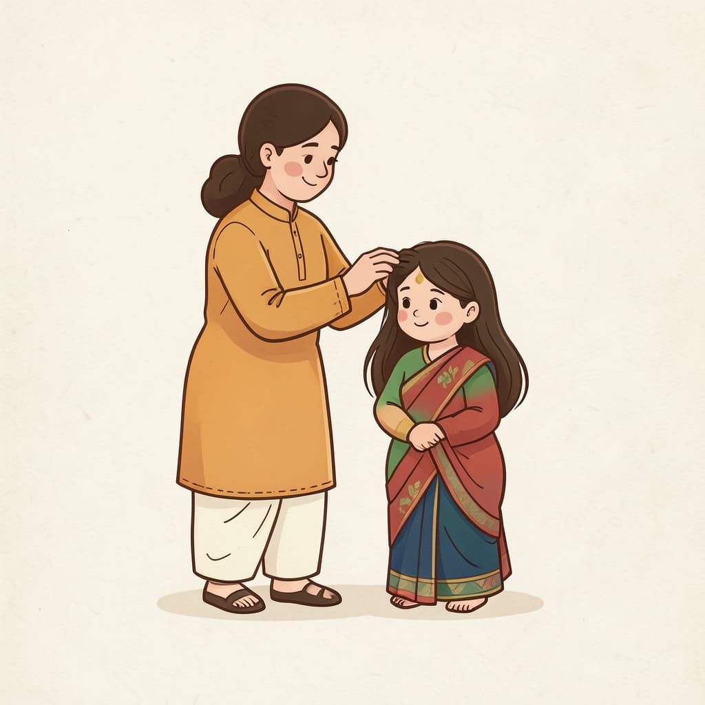 A mother combing her daughter's long hair.