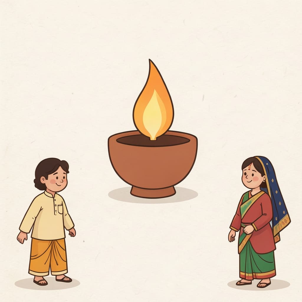 A small clay oil lamp with a bright flame.