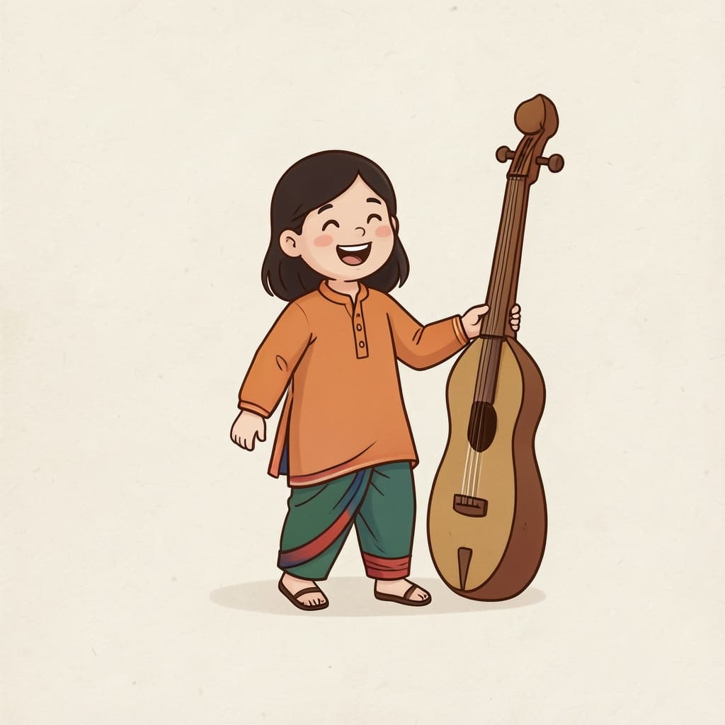 गीअ (गीत · song): A girl singing joyfully with a tanpura beside her.