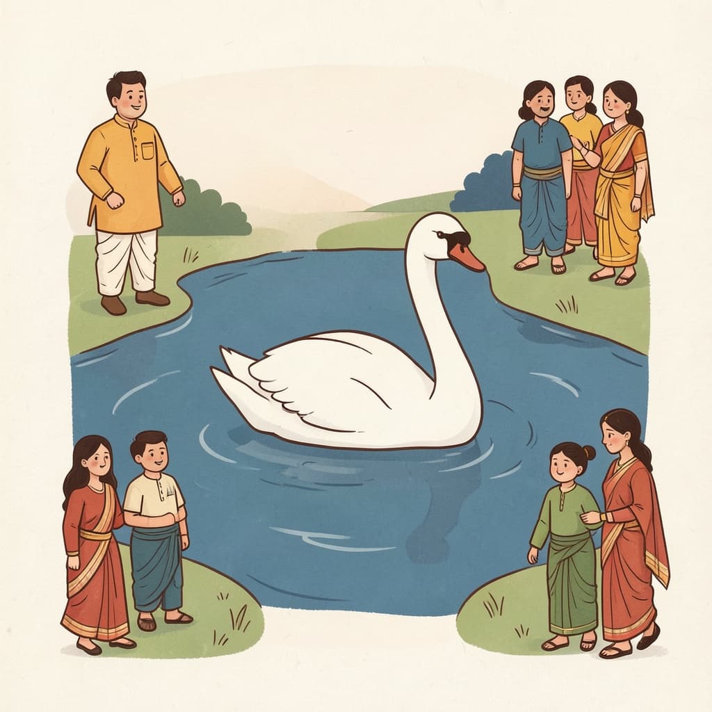 A white swan gliding on a blue lake.