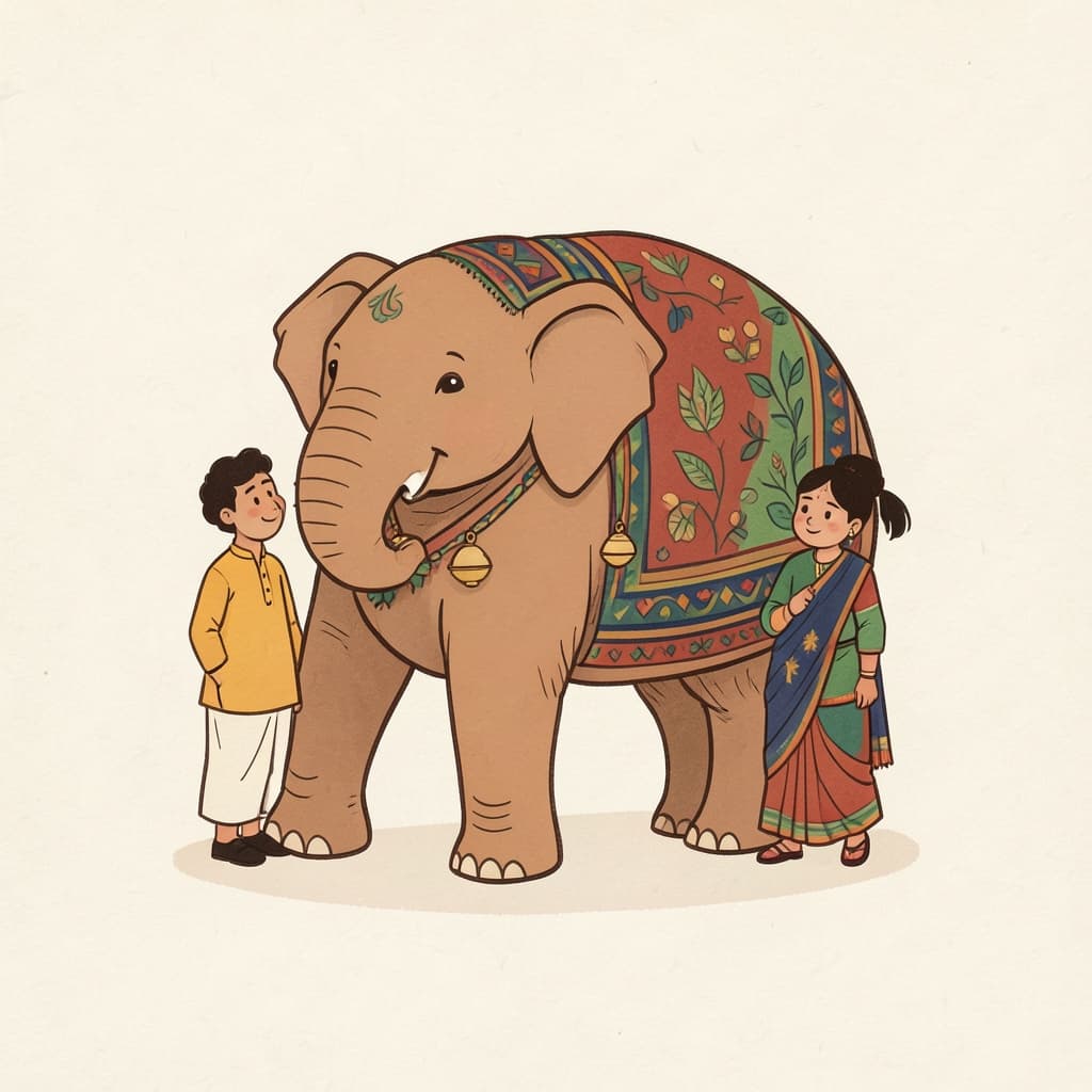 A large elephant decorated with a colourful cloth and bells.