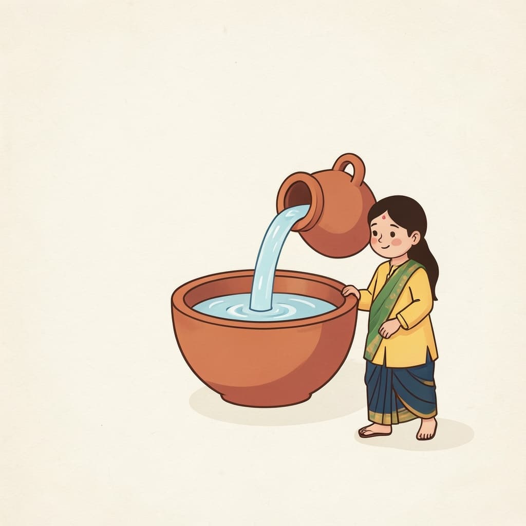 Clear water pouring from a clay pot into a bowl.
