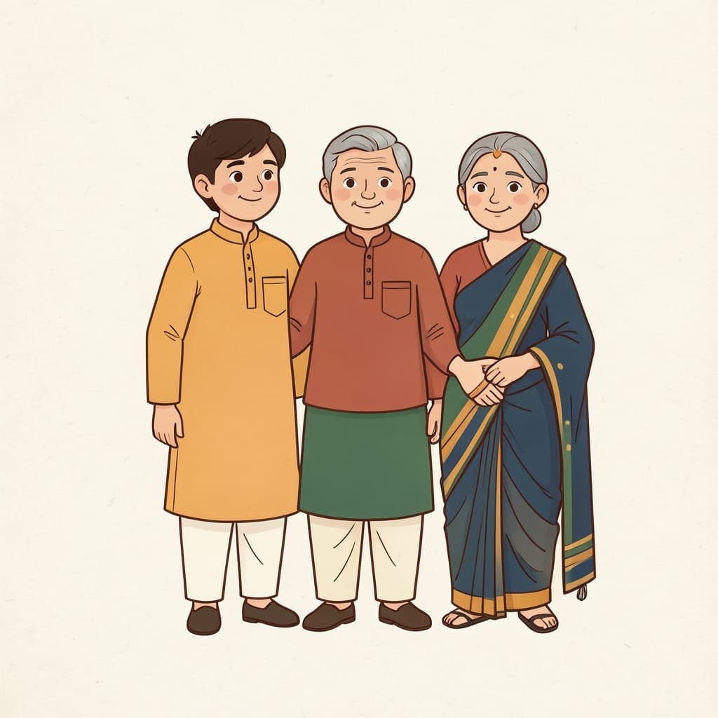 जण (लोग, व्यक्ति · person): Three different people, young and old, standing together in a group.