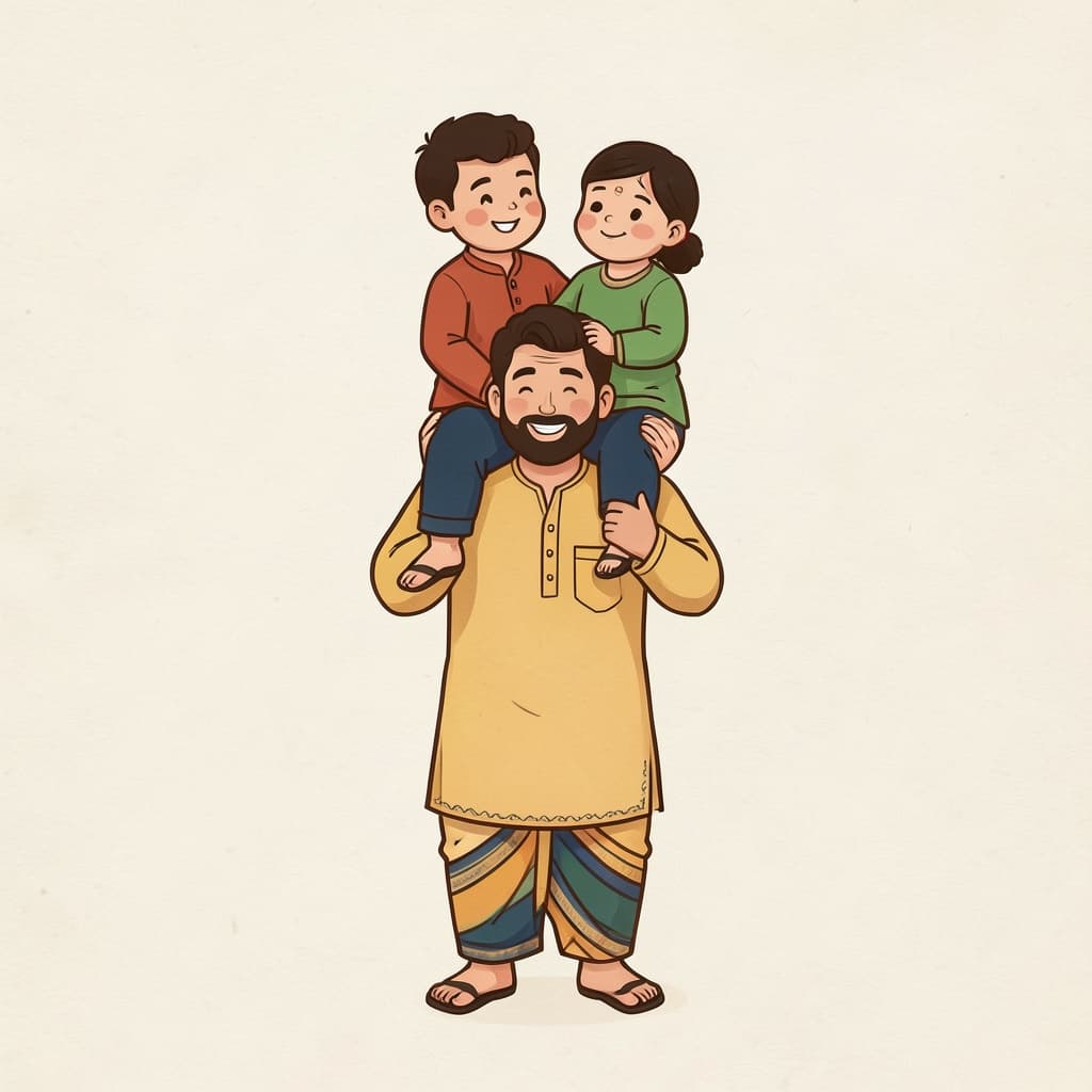 A happy father carrying his child on his shoulders.