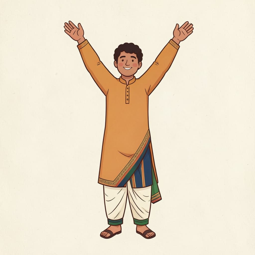 A person standing tall and stretching both arms up, showing the whole body.