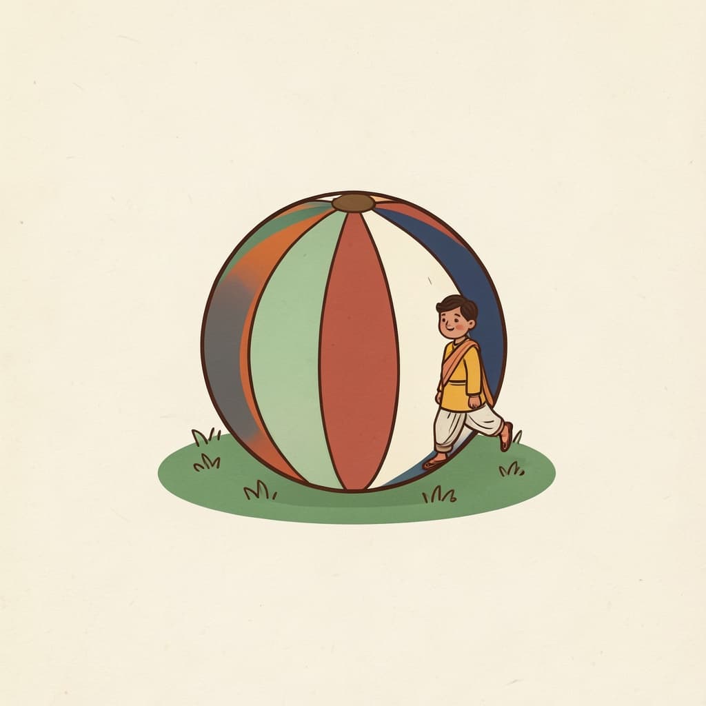 A colourful striped cloth ball lying on green grass.