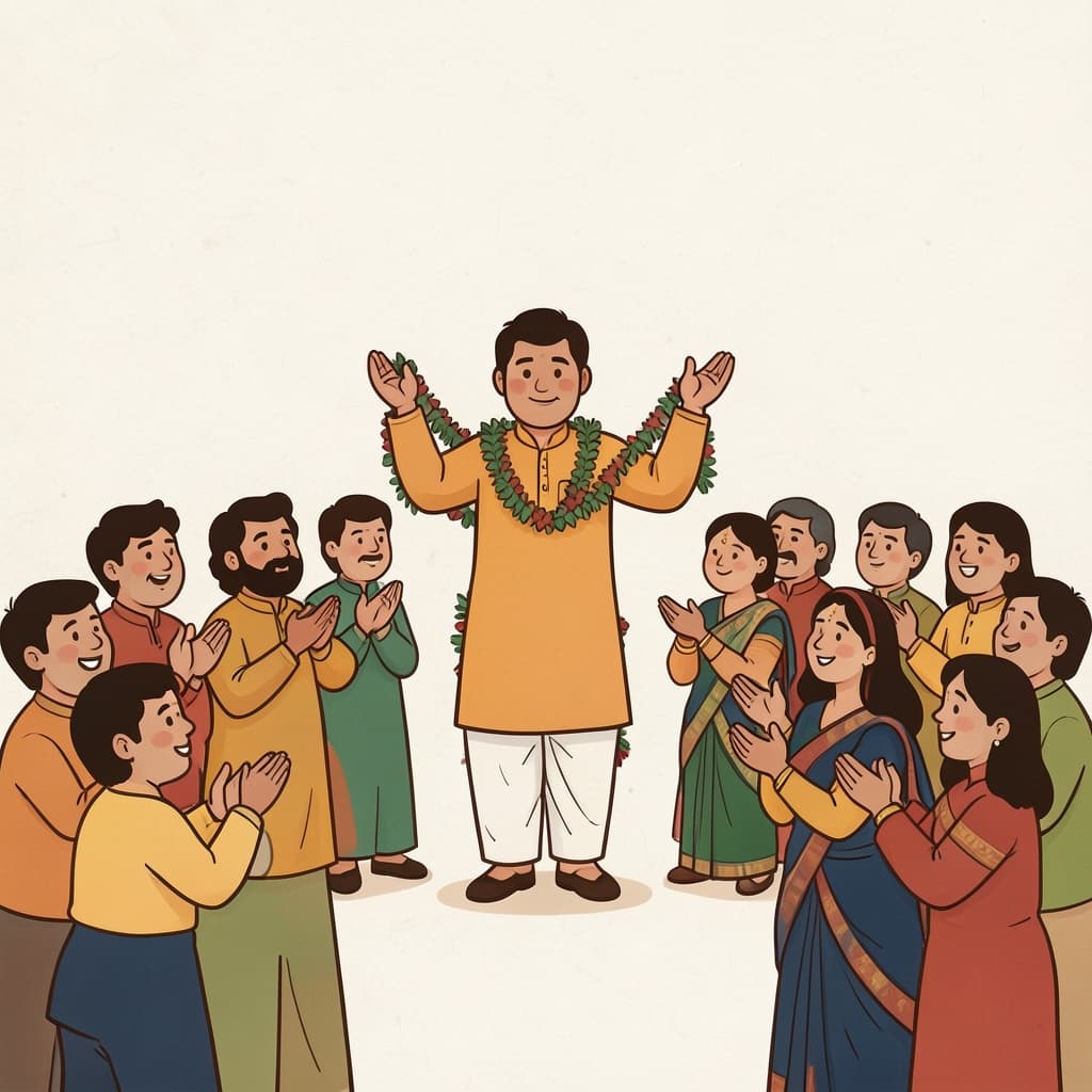 कित्ति (कीर्ति · fame): A winner being garlanded while a crowd claps.