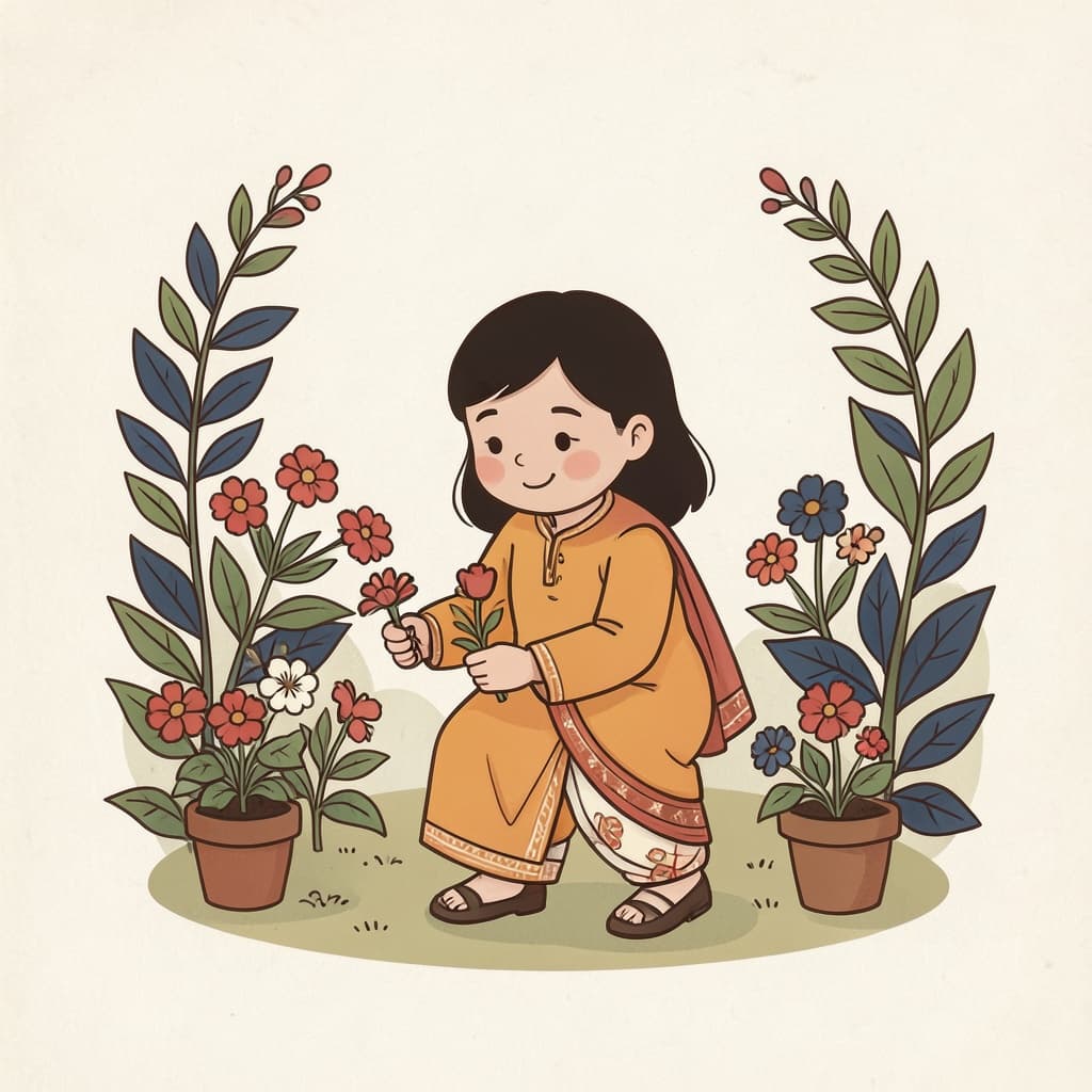 कुमारी (कुँआरी · maiden): A young girl picking flowers in a garden.