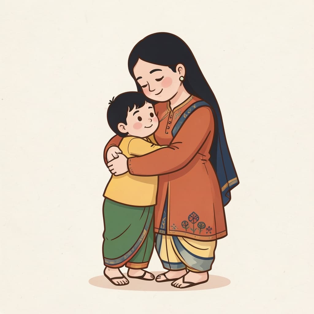 A loving mother hugging her small child.