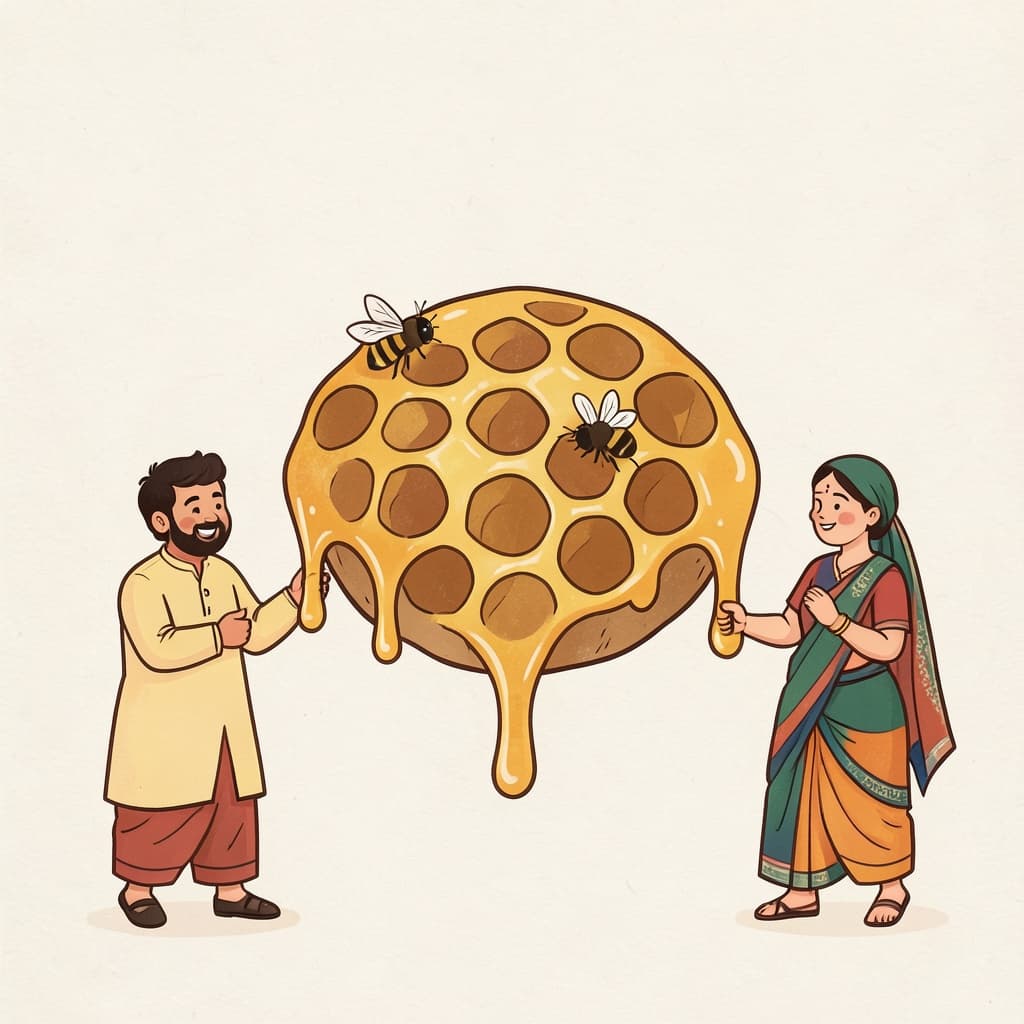 A honeycomb dripping golden honey with a few bees.