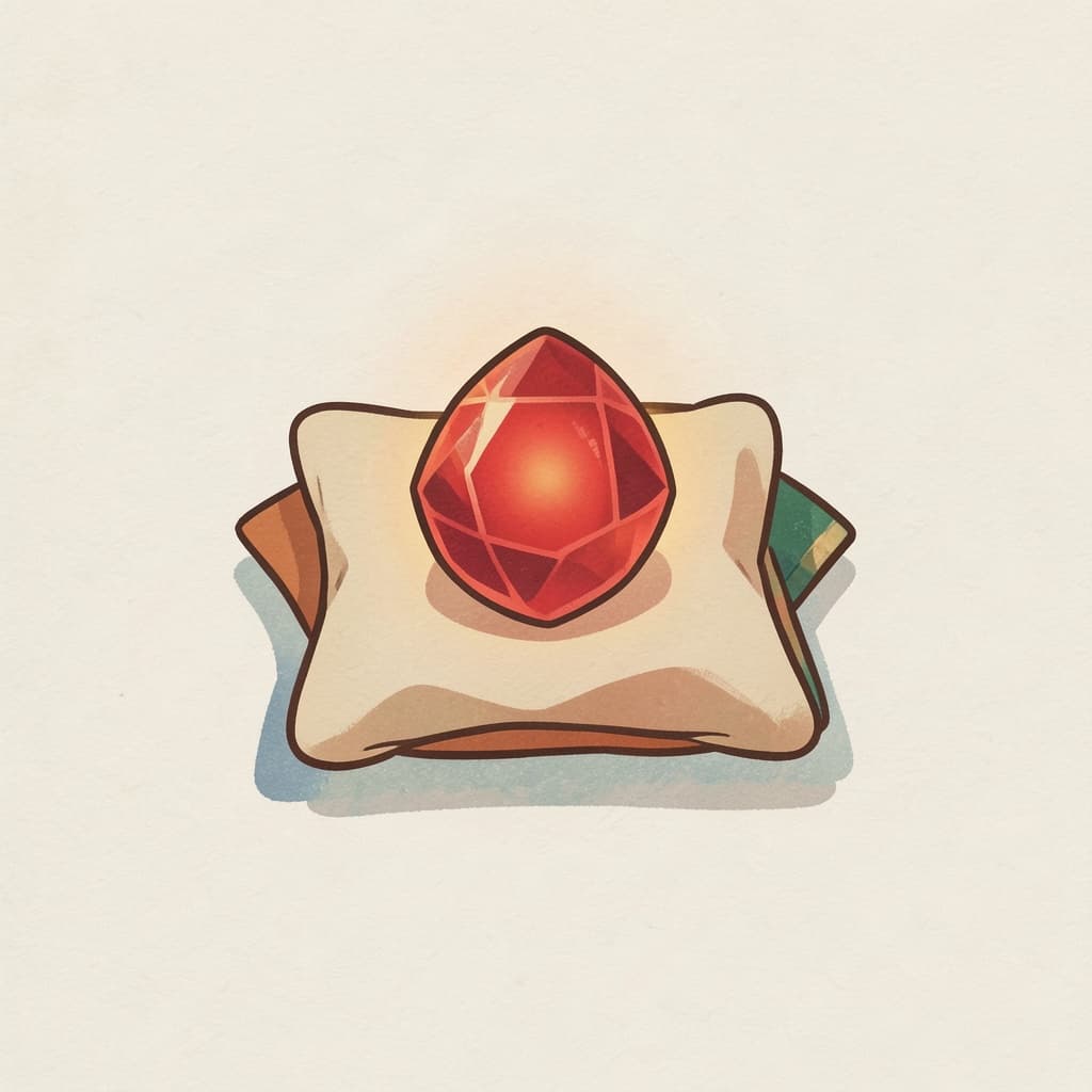 मणि (रत्न · jewel): A glowing red jewel resting on a silk cushion.