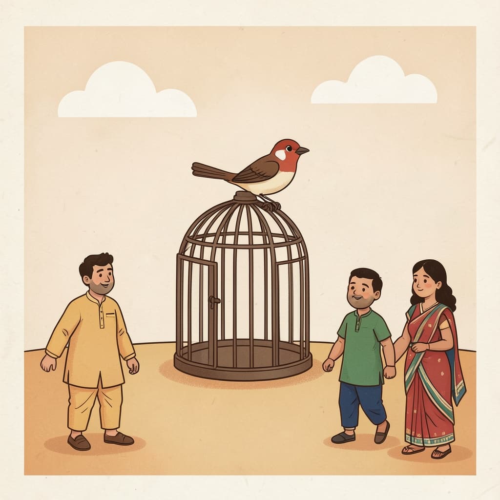 मुत्ति (मुक्ति · liberation): A bird flying out of an open cage into the open sky.