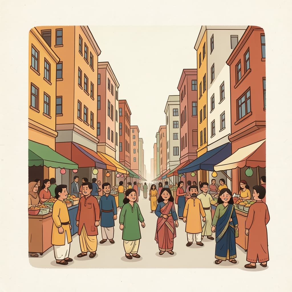 A busy city street with tall buildings and a market.