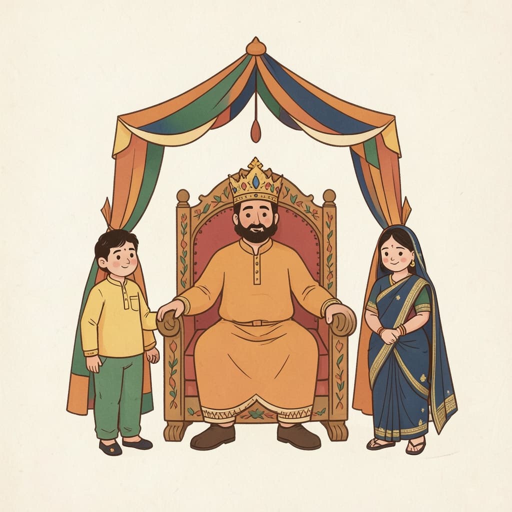 A king with a crown seated on a decorated throne under a canopy.