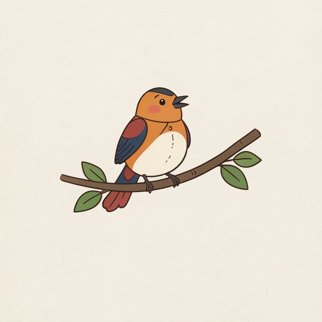 A small colourful bird singing on a branch.