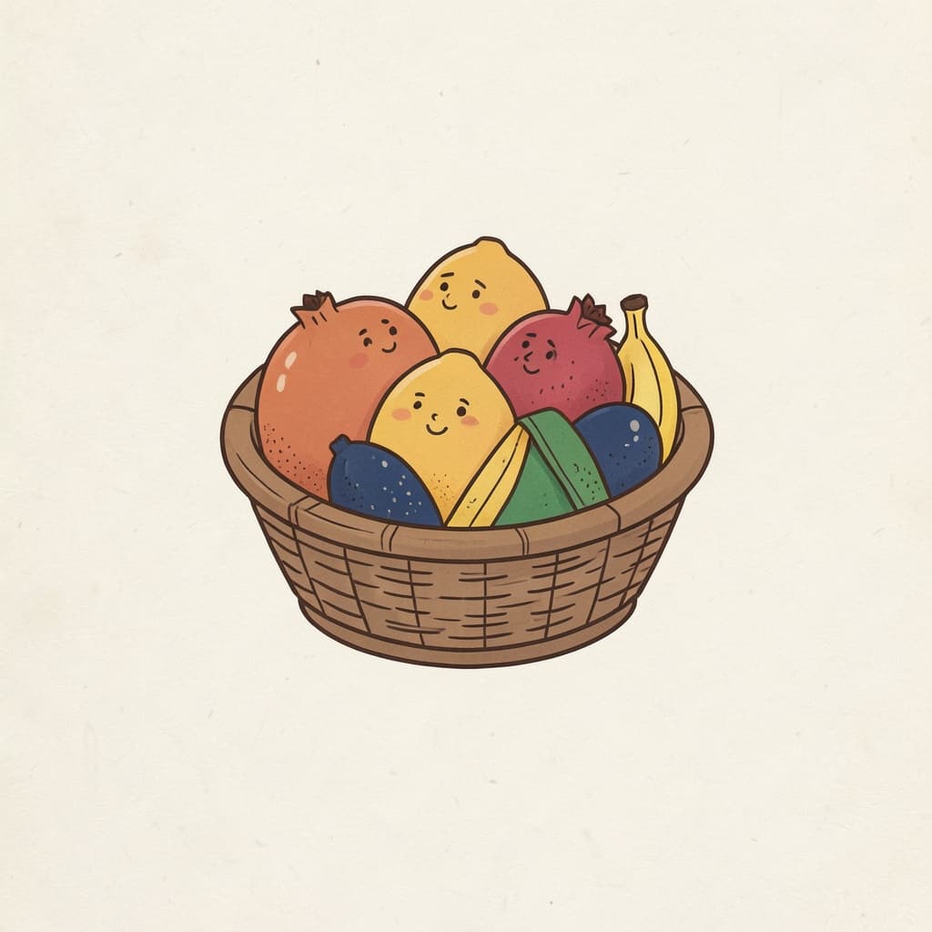 A basket of mixed fruits: mangoes, bananas and pomegranates.