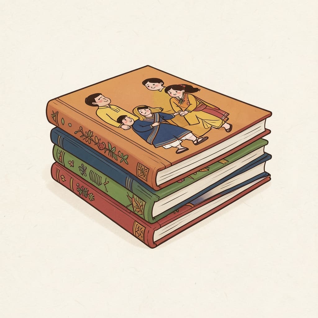 पोत्थअ (पुस्तक · book): A stack of books with colourful covers.