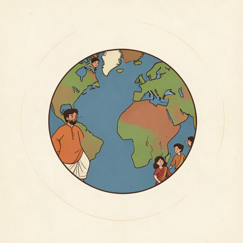 The round earth with green lands and blue seas.
