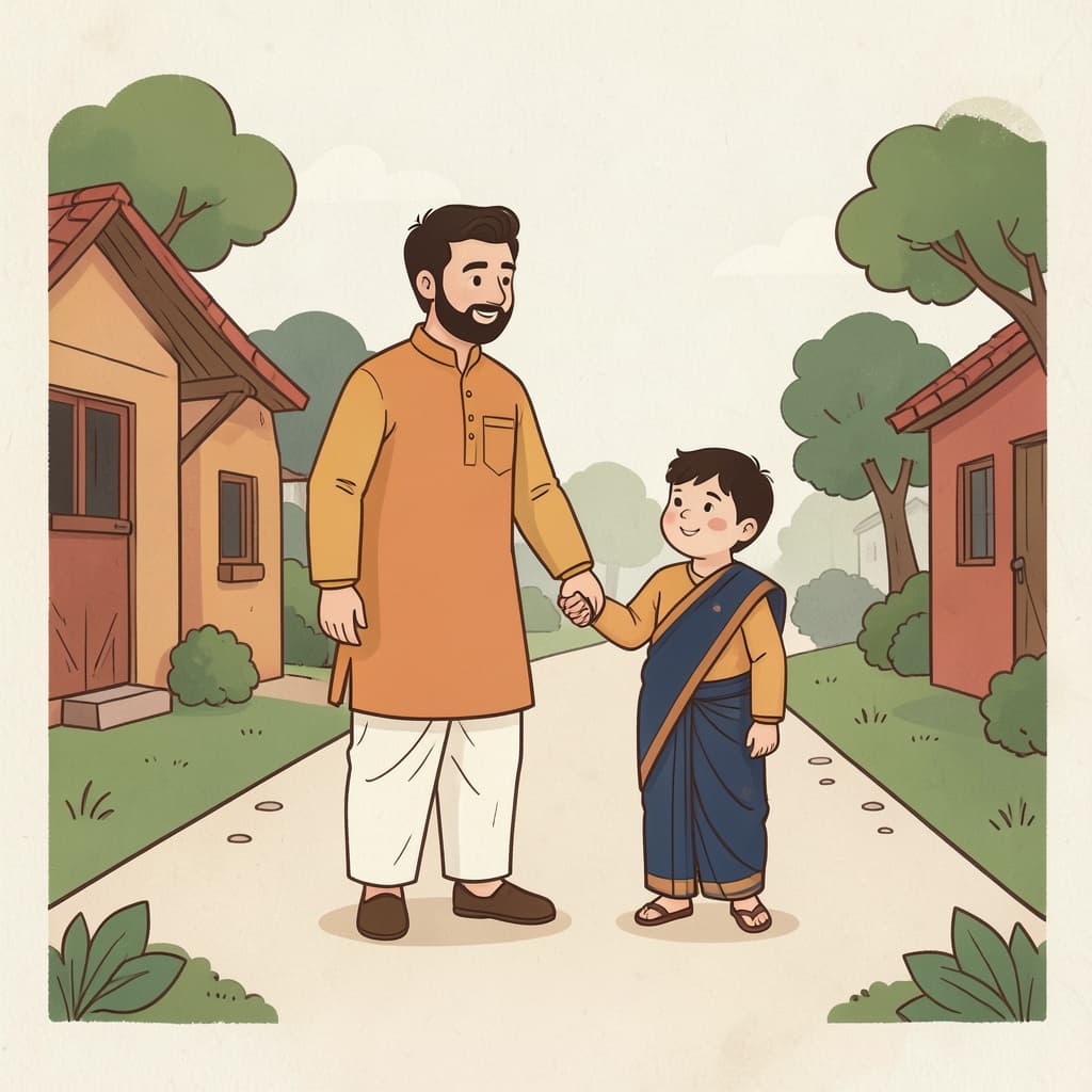 A father holding his small son by the hand on a village path.