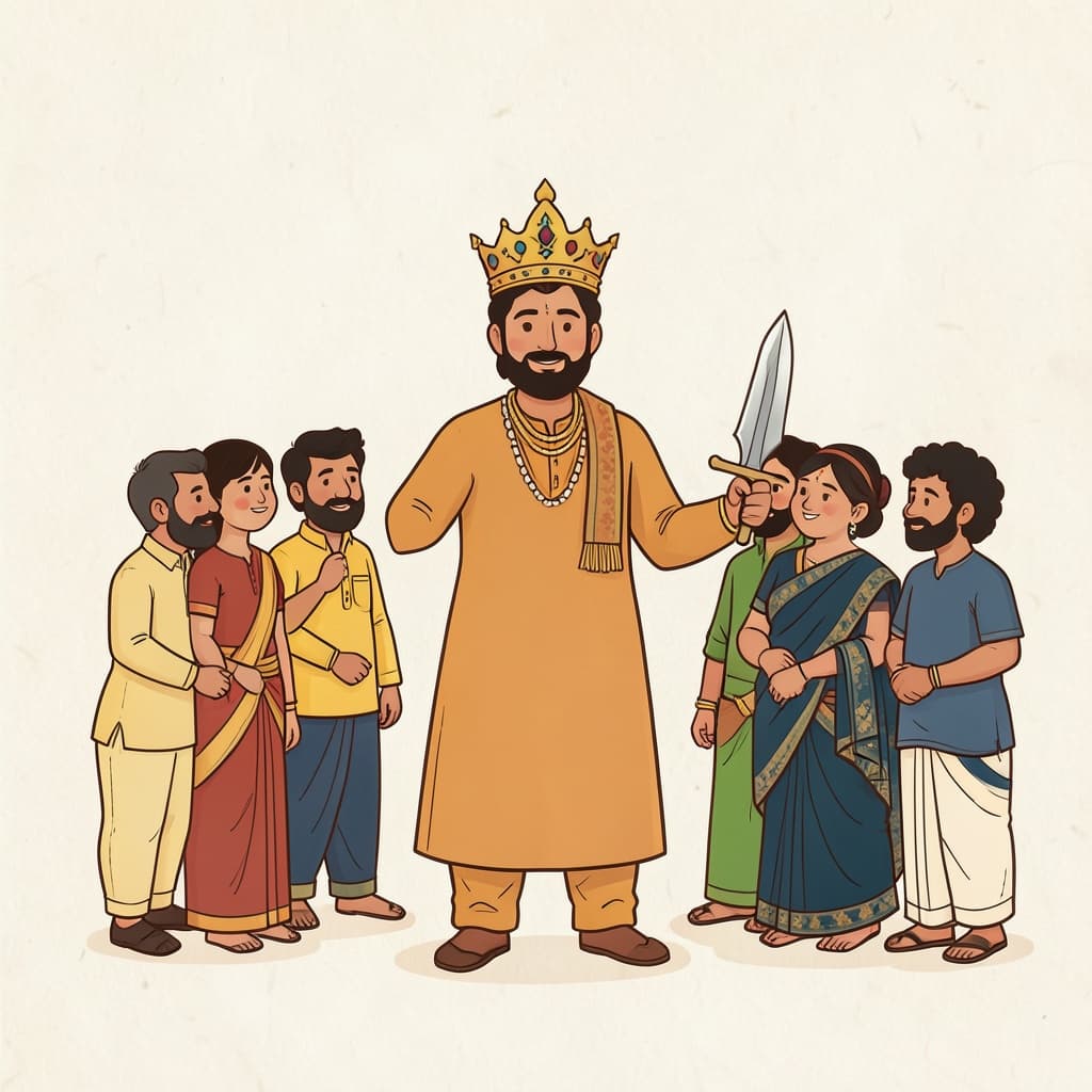 राय (राजा · king): A king with a crown and a sword greeting his people.