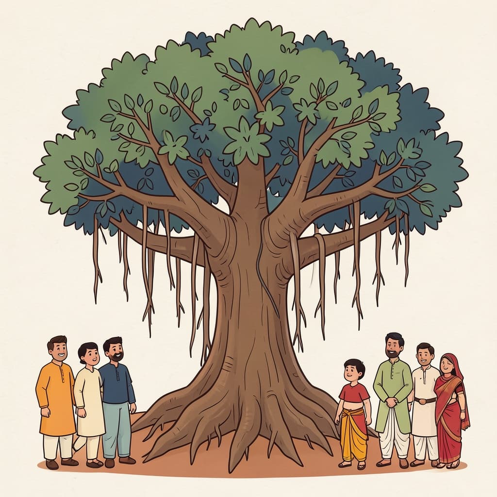 A large leafy banyan tree with spreading branches and hanging roots.