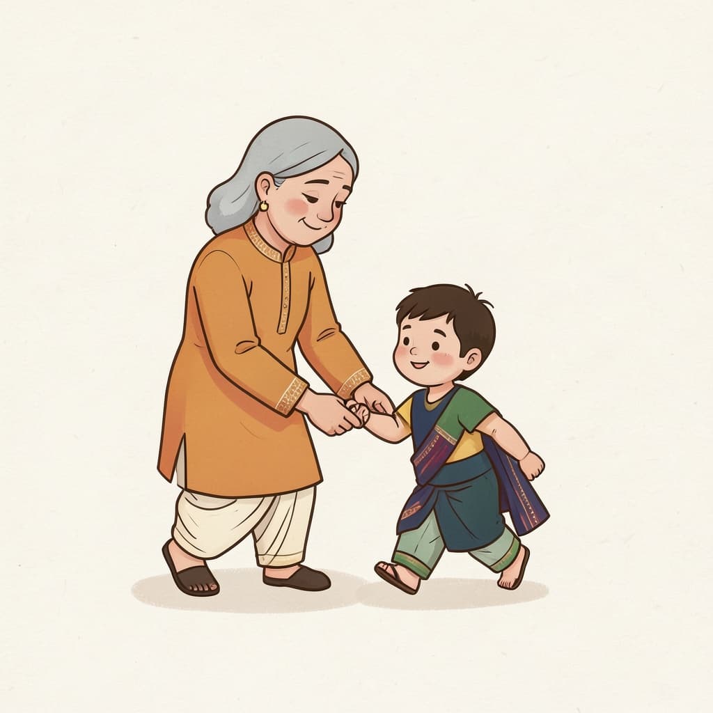 An older sister helping her little brother take his first steps.