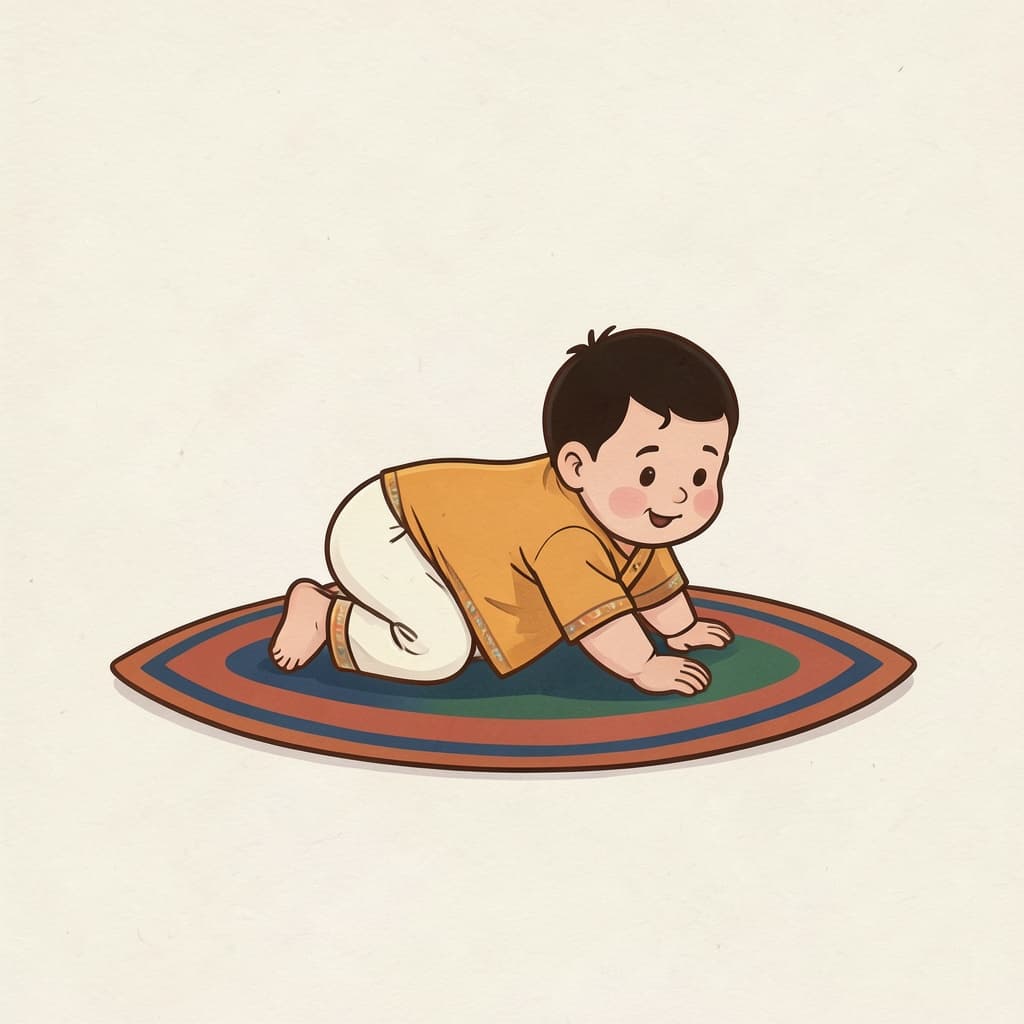 A baby crawling happily on a mat.