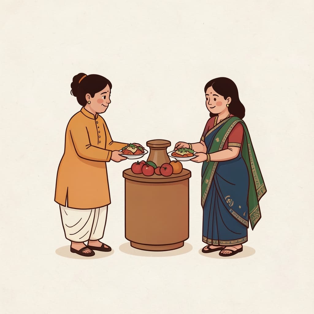 सुण्हा (बहू · daughter-in-law): A young bride serving food to her mother-in-law.