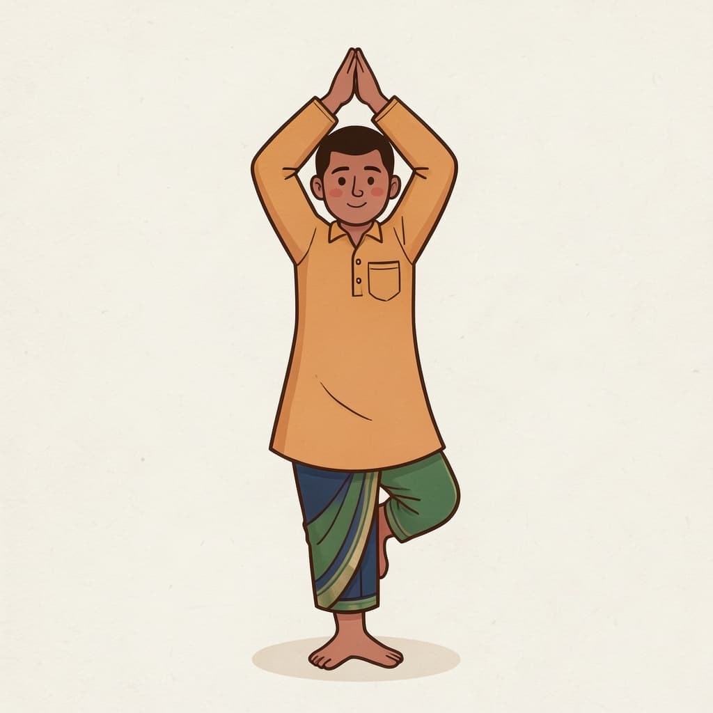 तवस्सि (तपस्वी · ascetic): An ascetic standing on one leg with folded hands above his head in austerity.