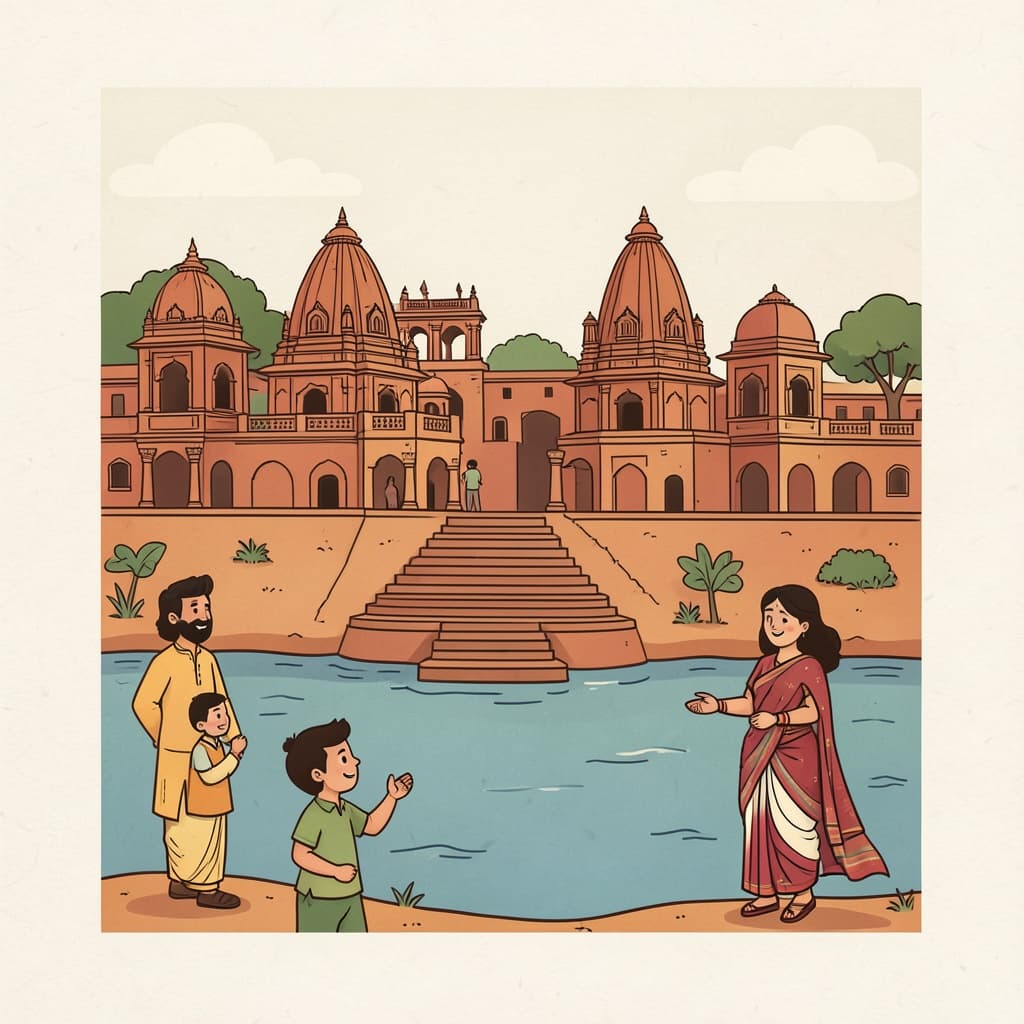 उज्जेणी (उज्जैन · Ujjain): An ancient city on a riverbank with temples and steps leading to the water.