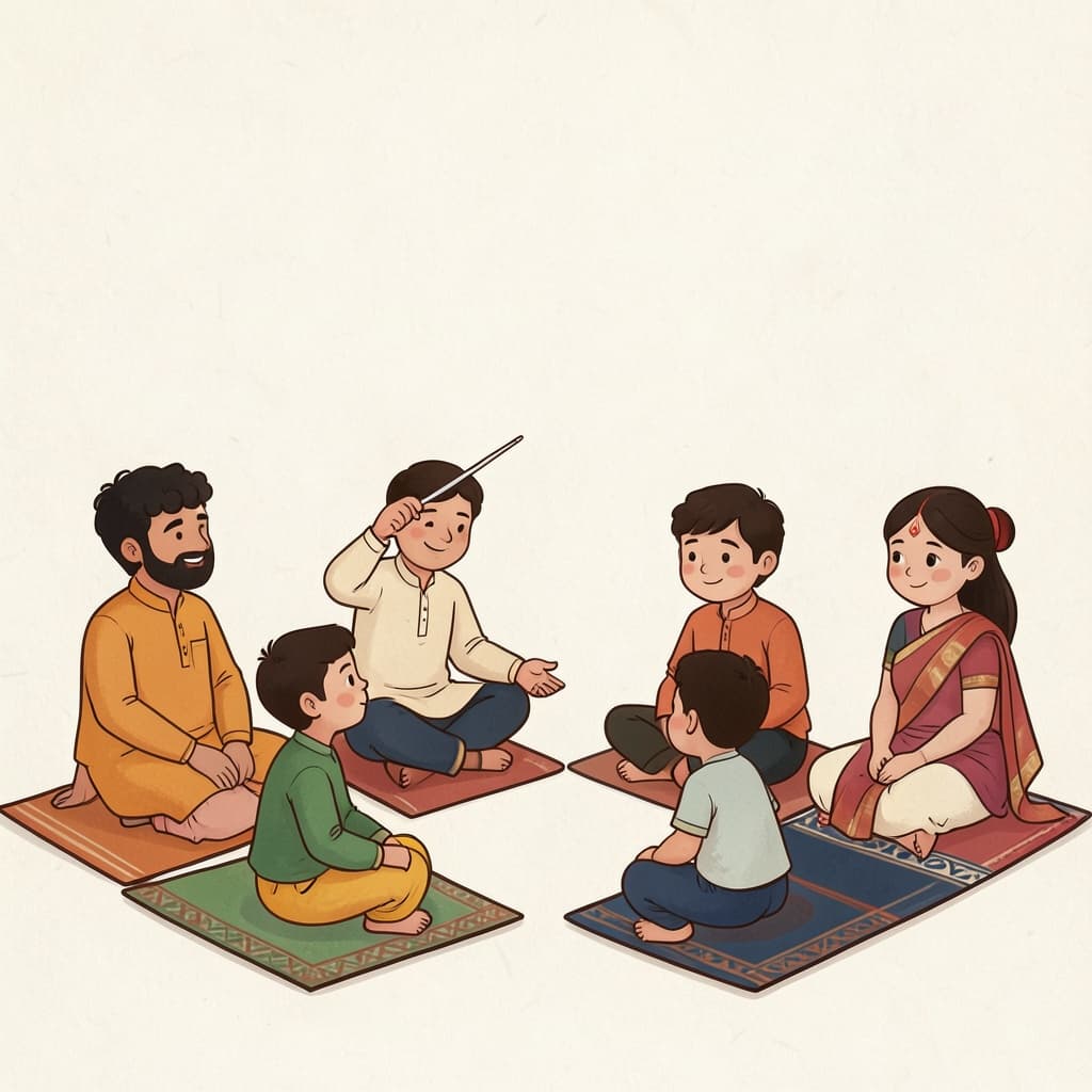 उवज्झाय (उपाध्याय · preceptor): A teacher with a pointer explaining to a small class of children sitting on mats.