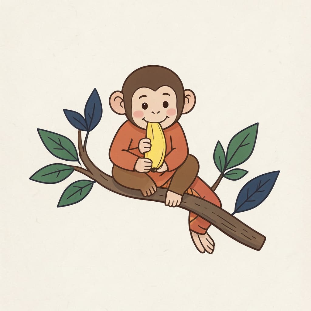 A playful monkey sitting on a branch eating a banana.