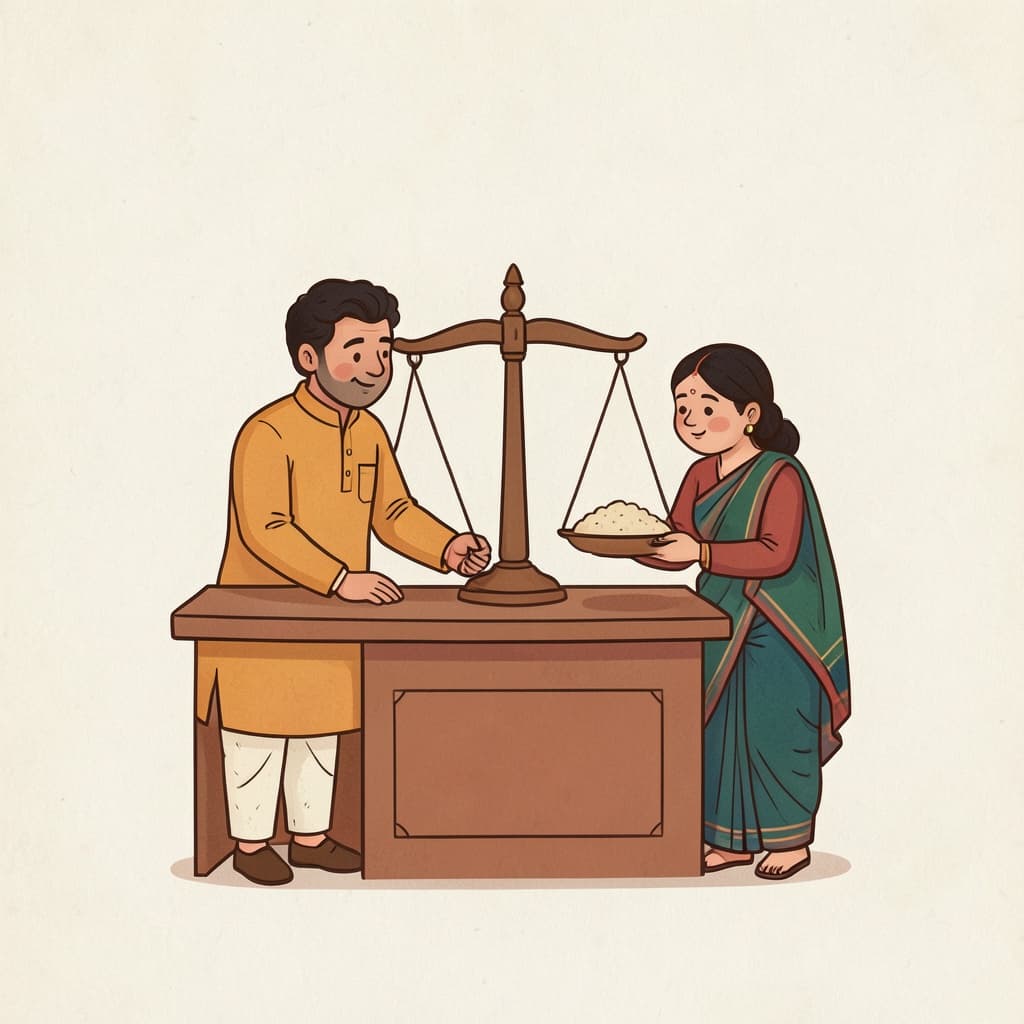 A merchant weighing grain on a balance scale at his shop counter.