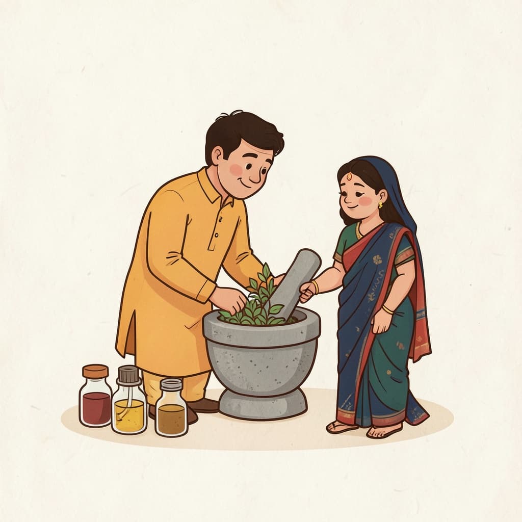 A village physician grinding herbs with a stone mortar and pestle, bottles of medicine beside him.