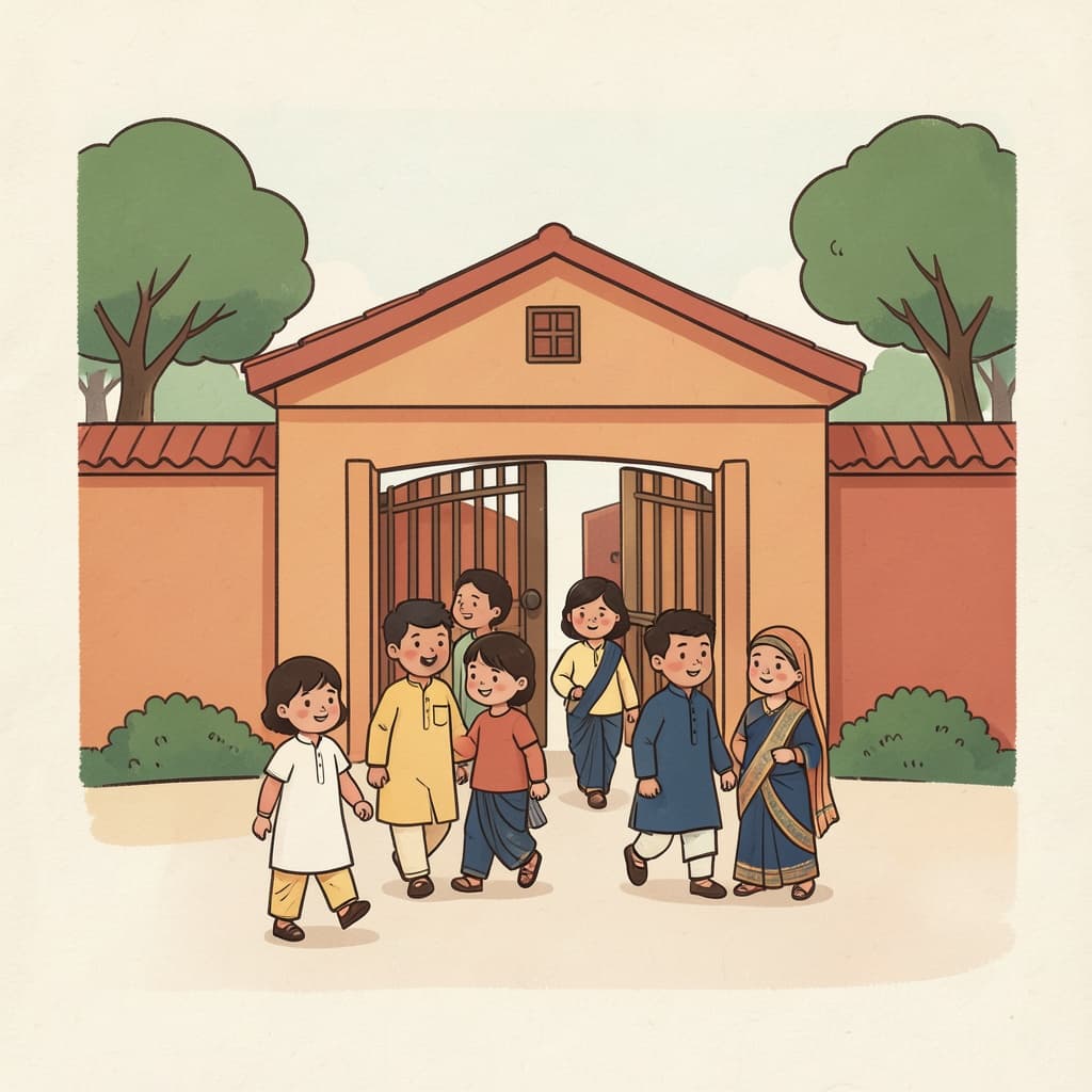 विज्जालय (विद्यालय · school): A village school building with children walking in through the gate.