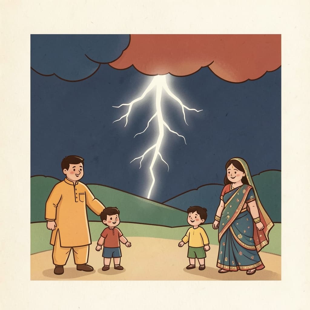 विज्जु (बिजली · lightning): A bright lightning bolt flashing in a dark stormy sky.