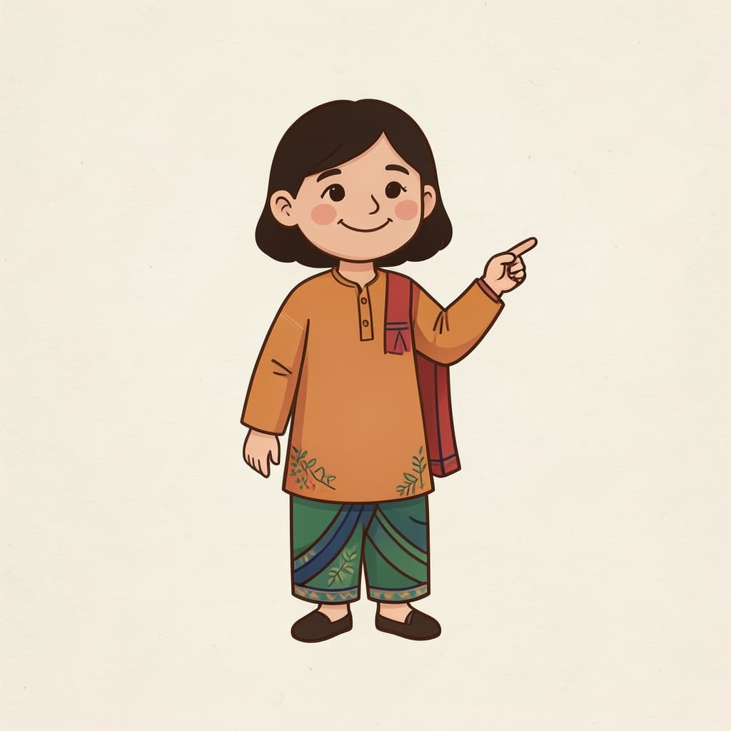 अम्ह (मैं) (मैं, हम · I, we): A girl pointing to herself with a smile.