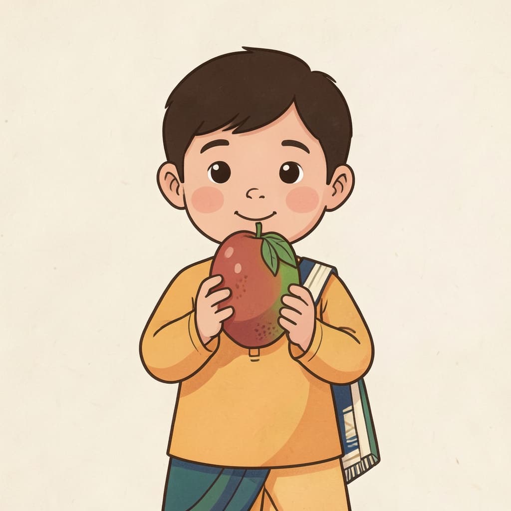 इम (यह, नपुं.) (यह, ये (नपुंसकलिंग) · this, these (neut.)): A child holding up a mango close to the viewer, showing it.