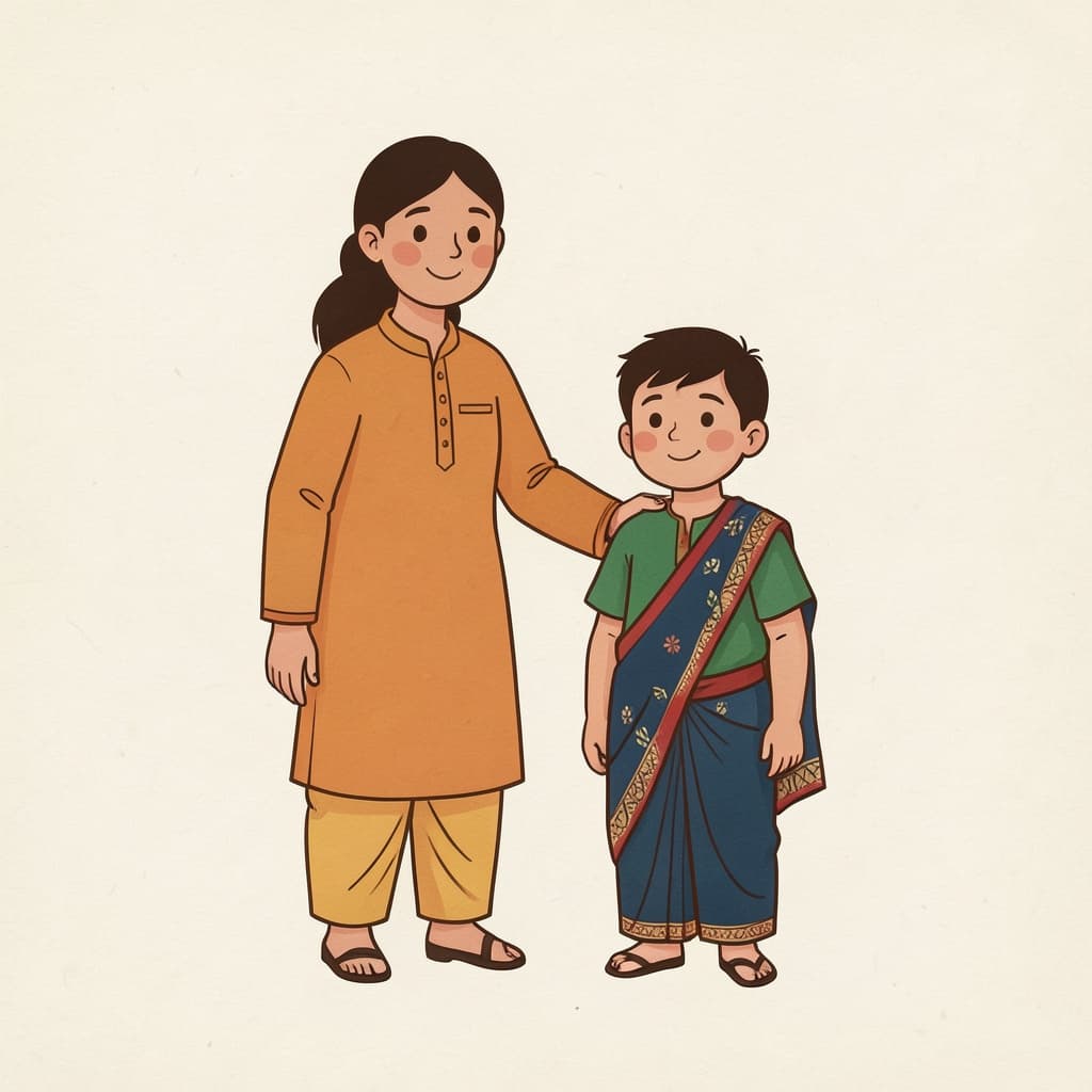 इम (यह, पु.) (यह, ये (पुल्लिंग) · this, these (masc.)): A mother with her hand on the shoulder of a little boy right beside her.