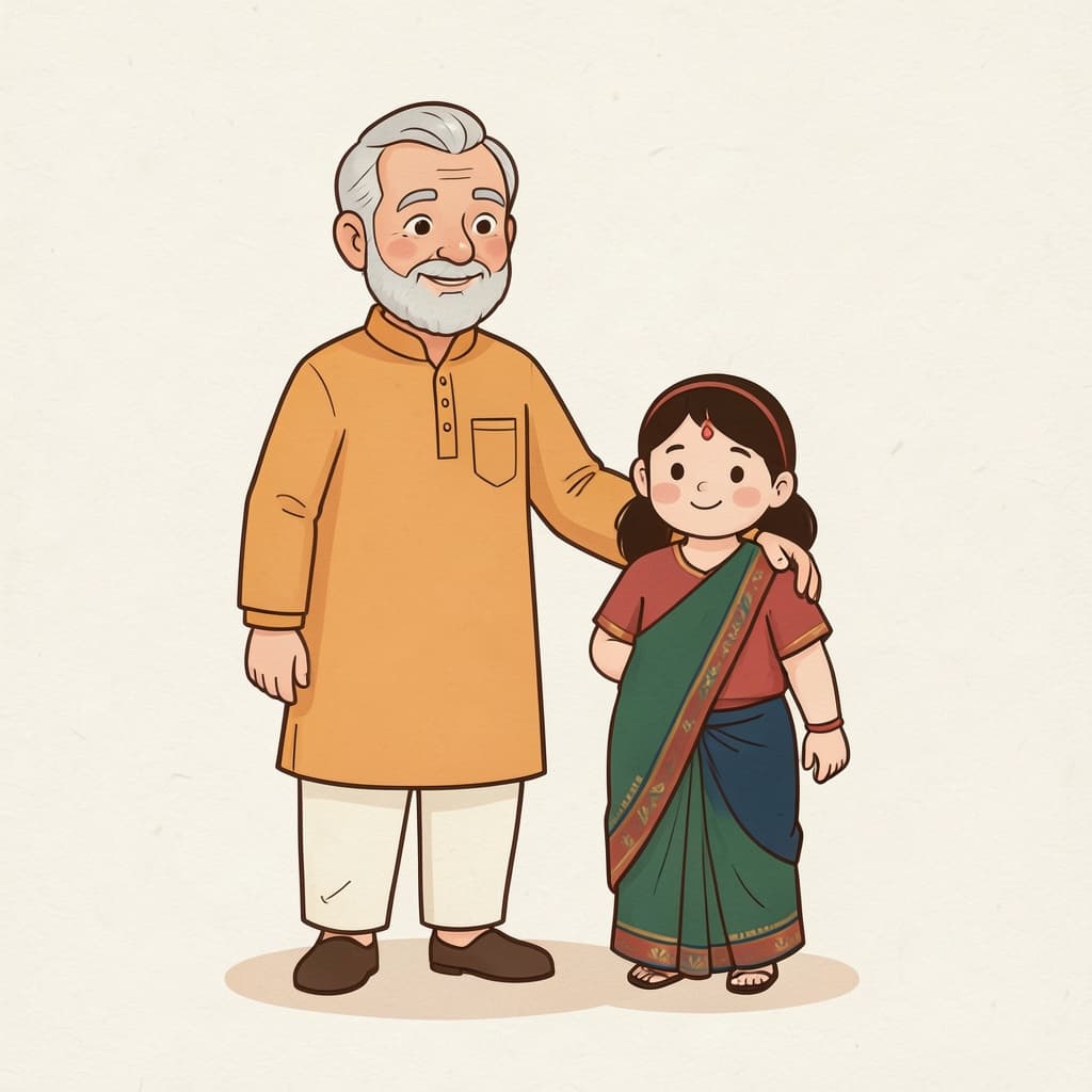 A grandfather with his hand on the shoulder of his granddaughter right beside him.