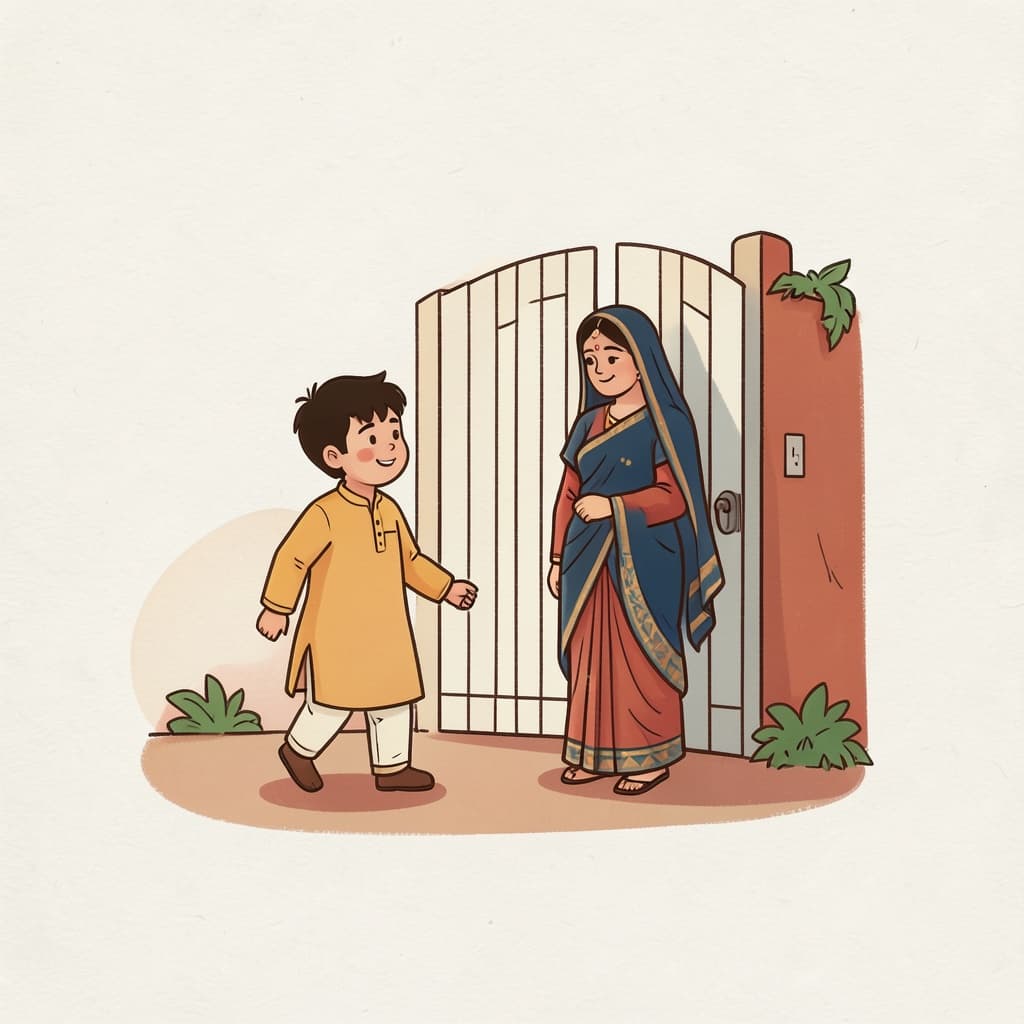 का (कौन, स्त्री.) (कौन (स्त्रीलिंग) · who (fem.)): A boy wondering about a veiled woman standing at the gate.