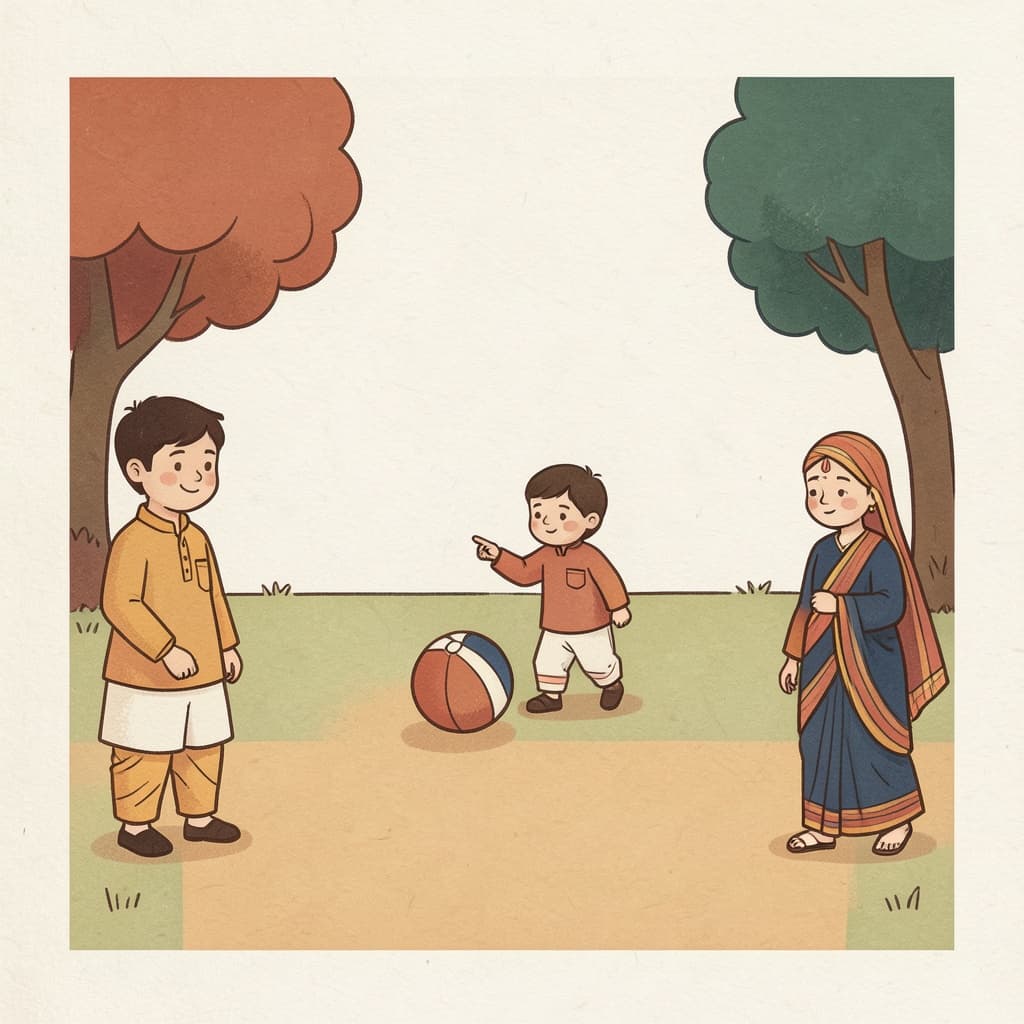 A child pointing at a ball lying far across the yard.
