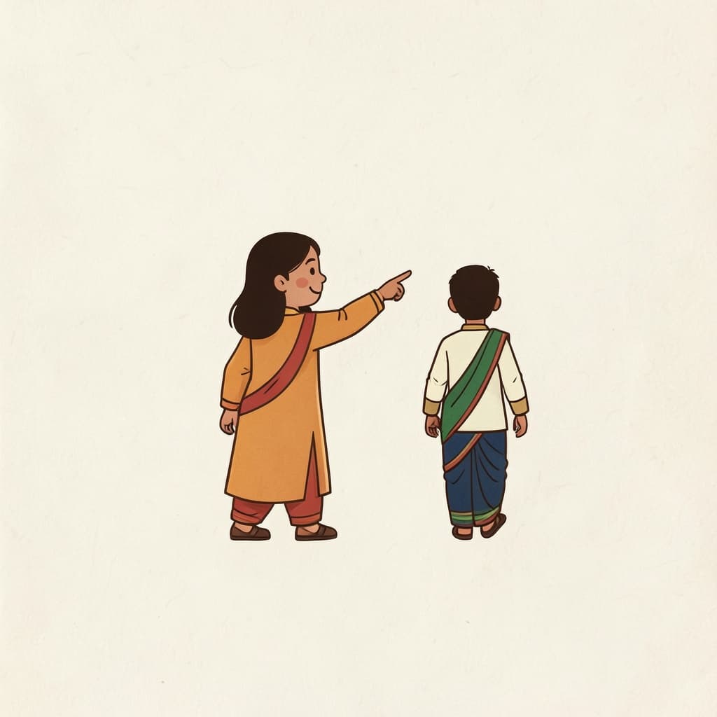 त (वह, पु.) (वह, वे (पुल्लिंग) · he, they (masc.)): A girl pointing at a boy walking away in the distance.