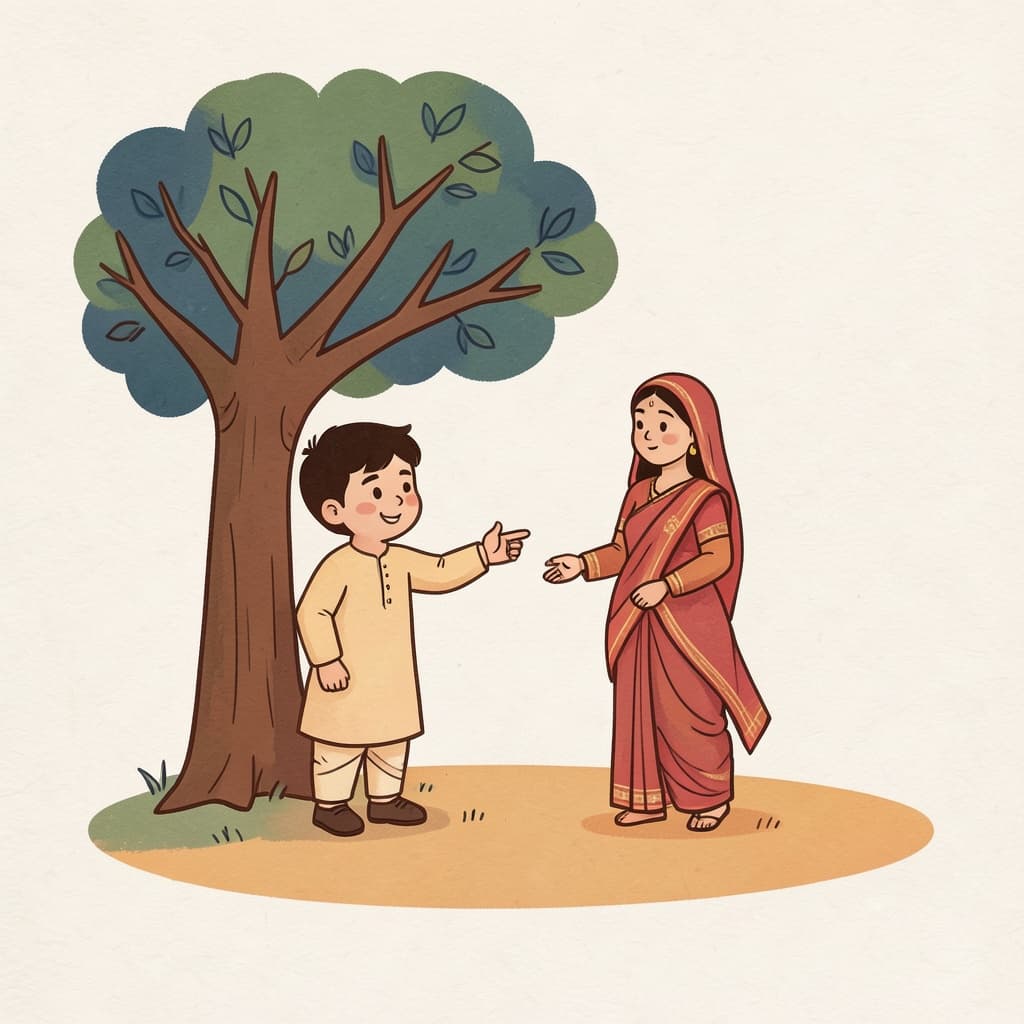 A boy pointing at a girl standing far away by a tree.